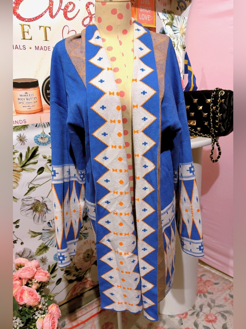 Blue Geometric Hooded Long Cardigan Sweater Women’s Medium